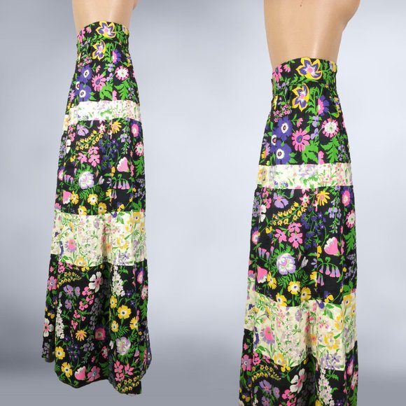 VINTAGE 70s Botanical Black & White Color Block Maxi Skirt with Sequins 27" Wais - Picture 3 of 8